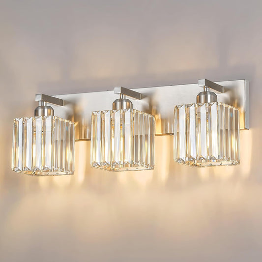 Modern Vanity Light 3-Lights Brushed Nickel Vanity Light Crystal Bathroom Wall Light Bathroom Light Fixtures