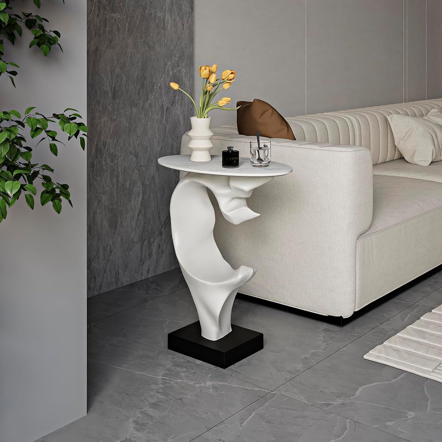 Modern Artistic Coffee Table, Luxury Semicircular Side Table, High-Strength FRP Frame, Artistic Design End Table for Living Room, Bedroom, or Office