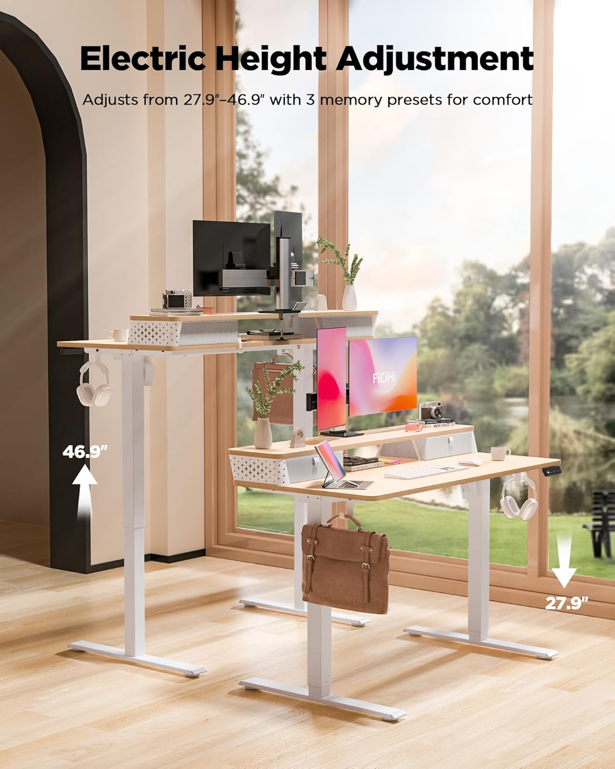 40x24 Inch Standing Desk with Double Drawers, C-Clamp Mount Compatible, Electric Adjustable Height Computer Stand Up Desks, Home Office Sit Stand Table with 3 Preset Heights & 2 Hooks, Natural