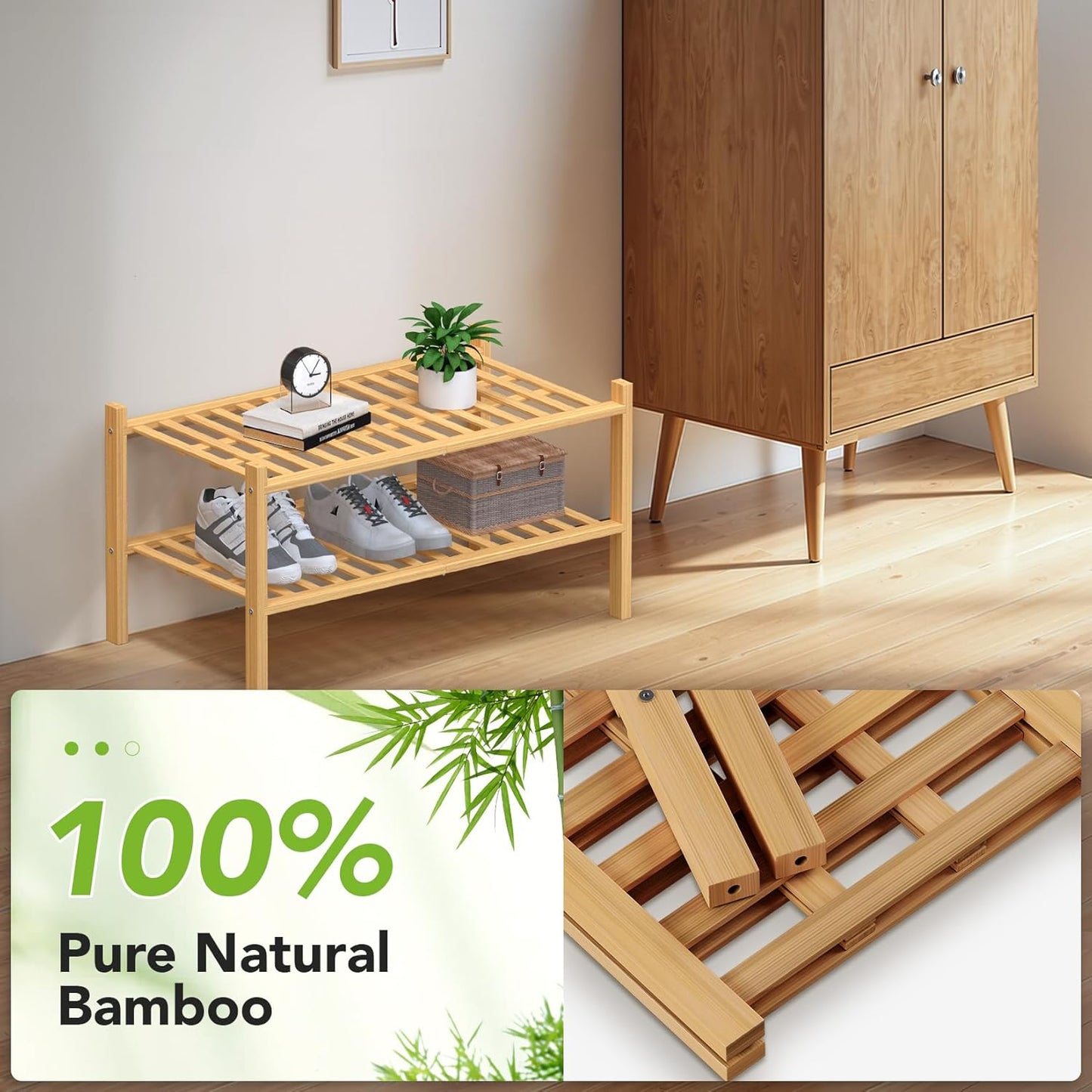 Haddockway Large 2 Tier Bamboo Shoe Rack Storage Organizer,Multifunctional Free Standing Stackable Shoe Shelf with Grid Panel for Closet,Hallway,Entryway,Small Space 27"x12"x14"(Natural, 2-Tier Large)