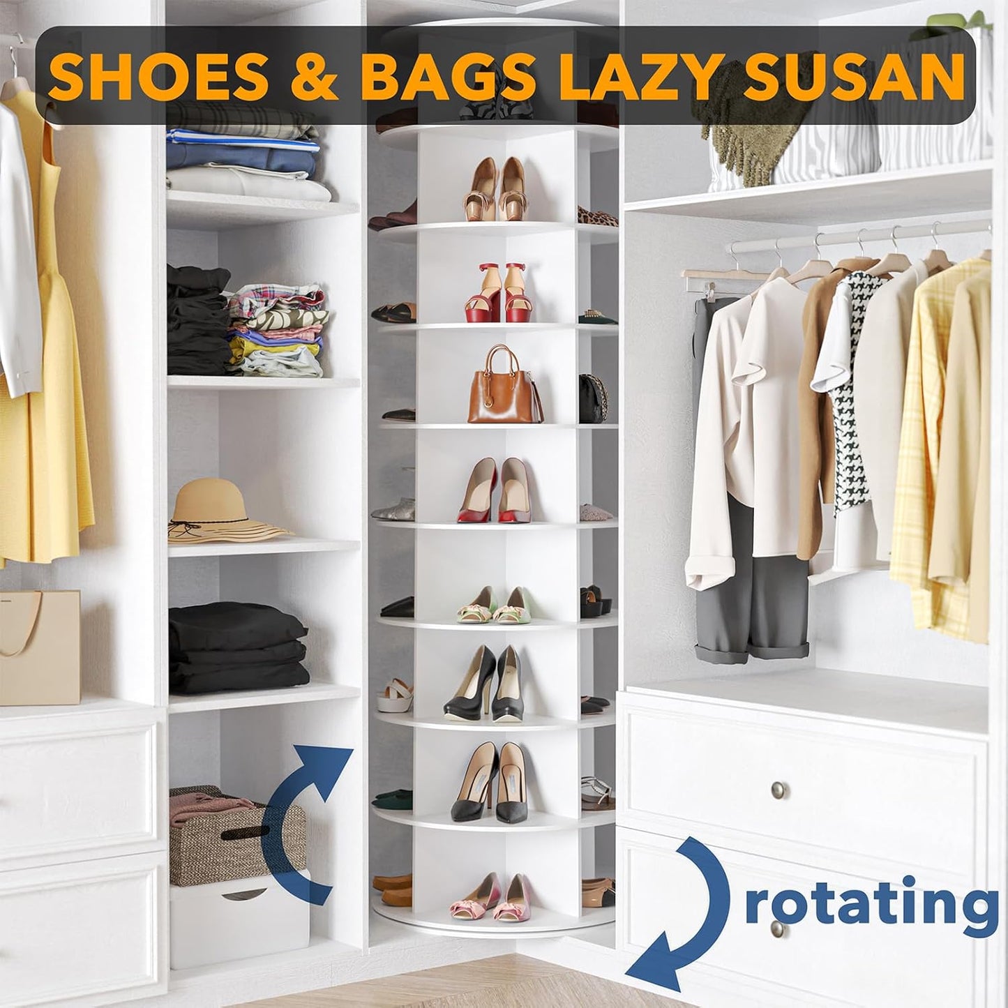 SpaceAid 9 Tier Rotating Shoe Rack Tower, Spinning Shoe Display Lazy Susan, Revolving 360 Shoe Rack Storage Round Carousel, Vertical Handbag Rotate Shoes Closet Organization (9-Tier White)