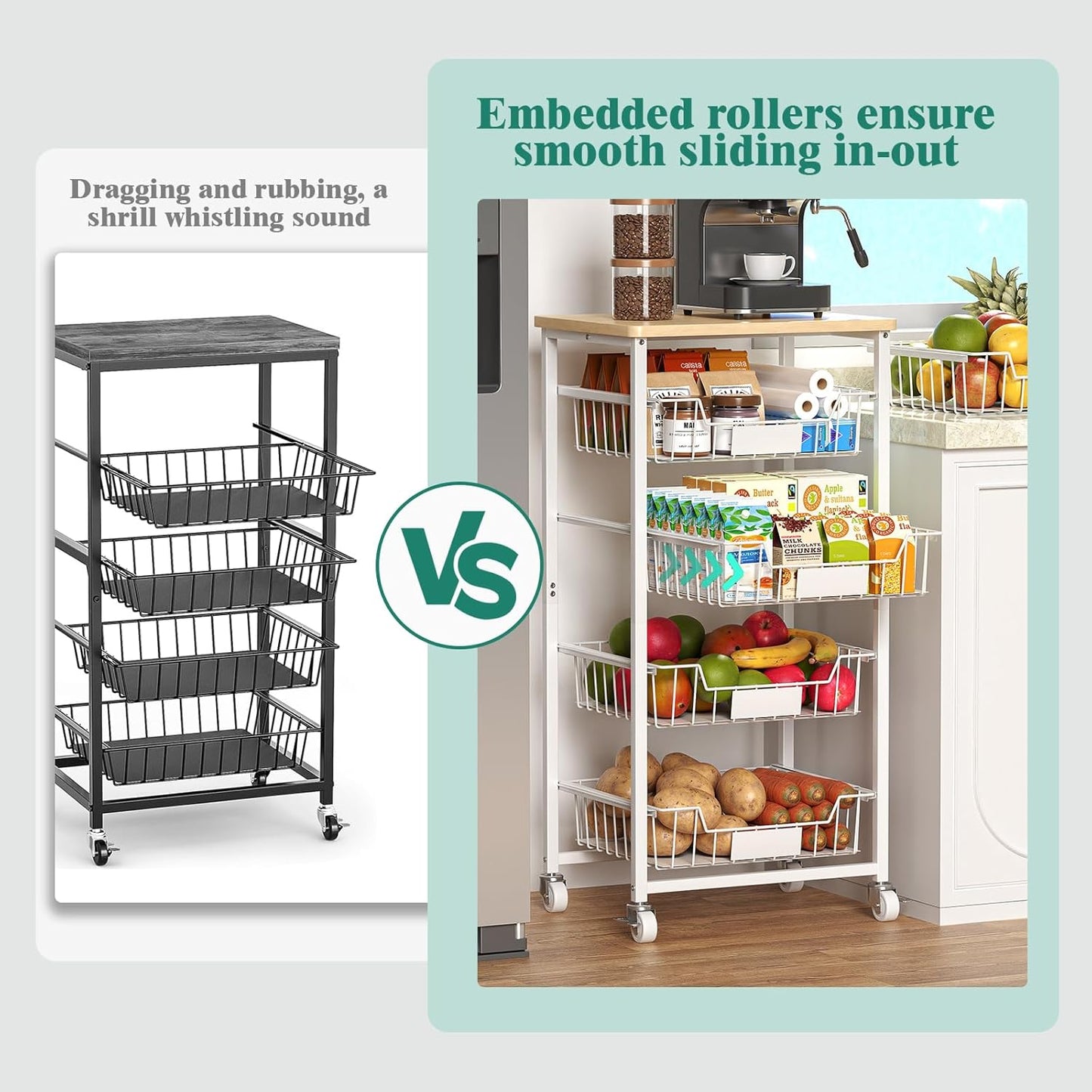 Fruit Vegetable Basket for Kitchen Pantry Storage Organizer, 5-Tier Metal Utility Kitchen Rolling Cart on Wheels with Drawer Rack and Wood Top for Potatoes Onions