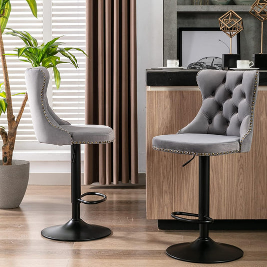 PacknWood Acosure Swivel Velvet Barstools Adjusatble Seat Height from 25-33" with 17.7" Base and Backs Comfortable Tufted,Modern Upholstered Bar Chairs for Home Pub Kitchen,Gray,Set of 2