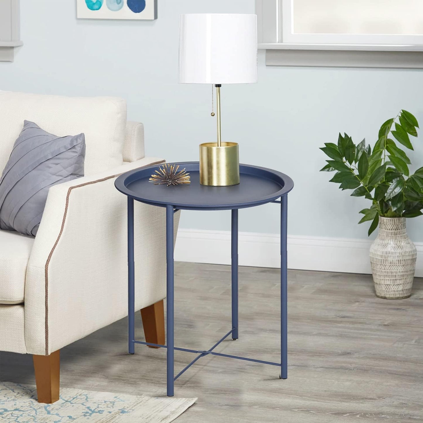 VECELO Side/End Table, Folding Round Metal Anti-Rust and Waterproof Outdoor or Indoor Tray for Living Room Bedroom Balcony and Office, 1 PCS, Blue