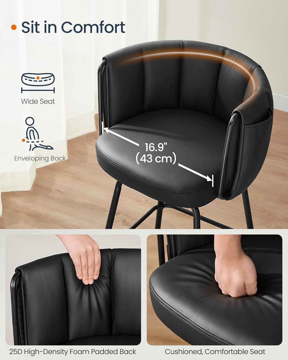 SONGMICS HOME 360° Swivel Bar Stools Set of 2, Barstools with Curved Back, Upholstered Counter Bar Stools with Footrest, Metal Tapered Legs, for Kitchen Island, Dining Room, Ink Black ULBC123B02