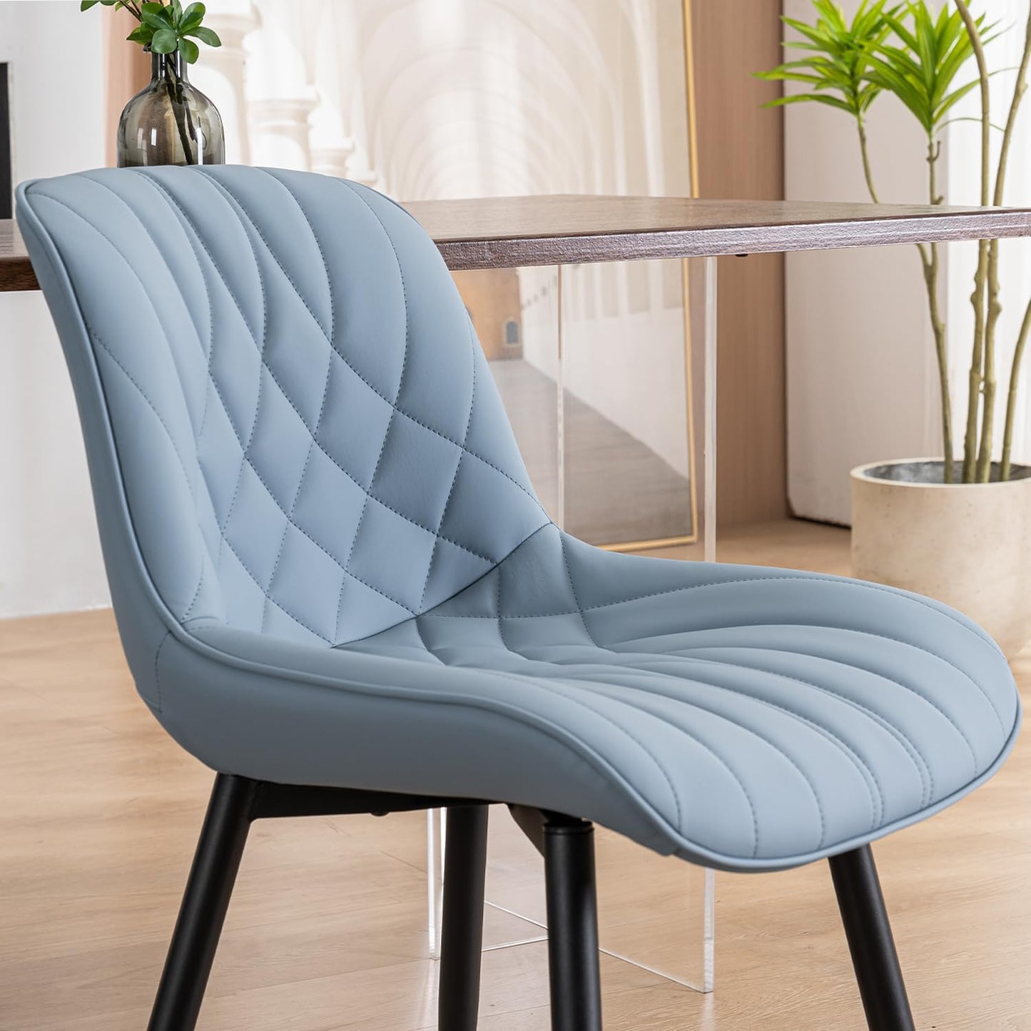 YOUNUOKE Dining Chairs Set of 2 Mid Century Modern Kitchen Chair Comfortable Upholstered Faux Leather Dinner Chairs for Kitchen Dining Room, Blue