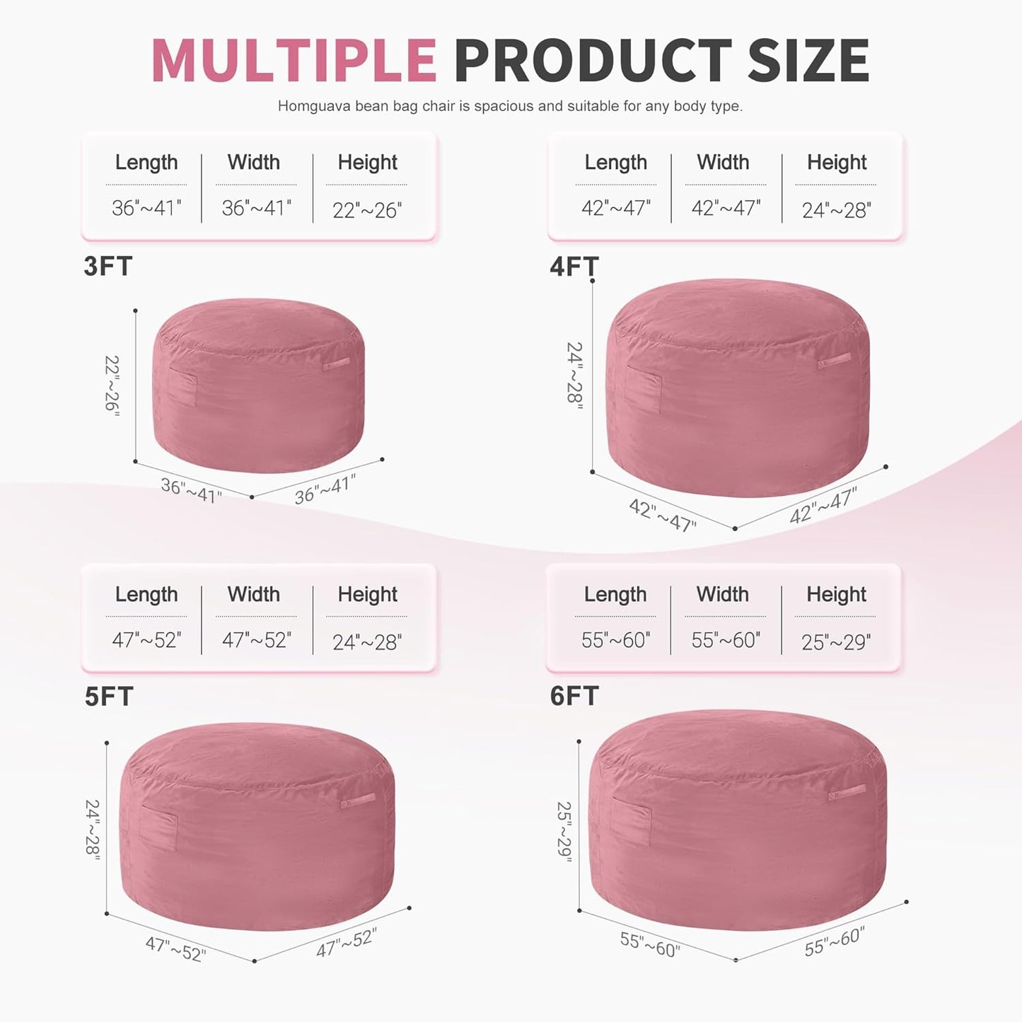 Homguava 3FT Bean Bag Chair: 3' Bean Bags with Memory Foam Filled, Large Beanbag Chairs Soft Sofa with Dutch Velet Cover-Dusty Pink