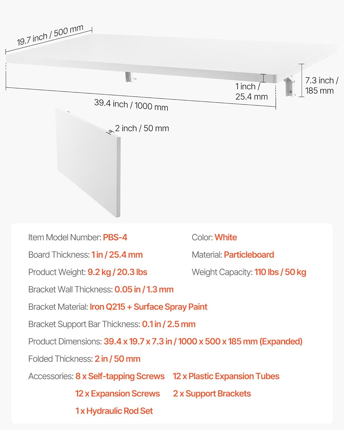 VEVOR Wall Mounted Folding Table, 39.4 x 19.7 inches Wall Mount Table, Floating Desk with Iron Bracket for Small Spaces, Home Office, Dining, Laundry Room, Kitchen, Bar, White