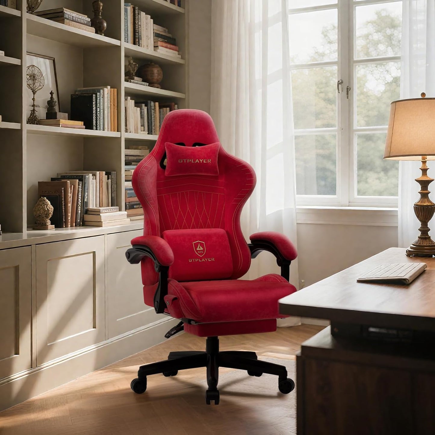 GTPLAYER ACE-PRO Music Gaming Chairs – Built-in Speakers, App Support & Bluetooth Control, Footrest & Pocket, Gamer Chair for Adults, Cherry Red - Velvet