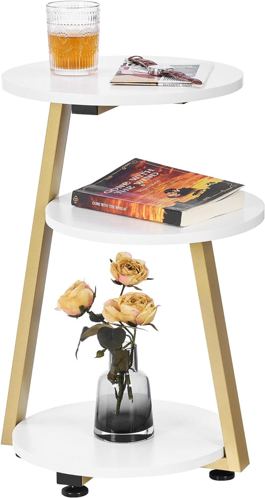 BEWISHOME Round End Table Side Table with Metal Frame, Accent Bedside Table Nightstand with 3-Tier Shelves, Small Couch Table for Living Room Bedroom White Gold KTZ41M