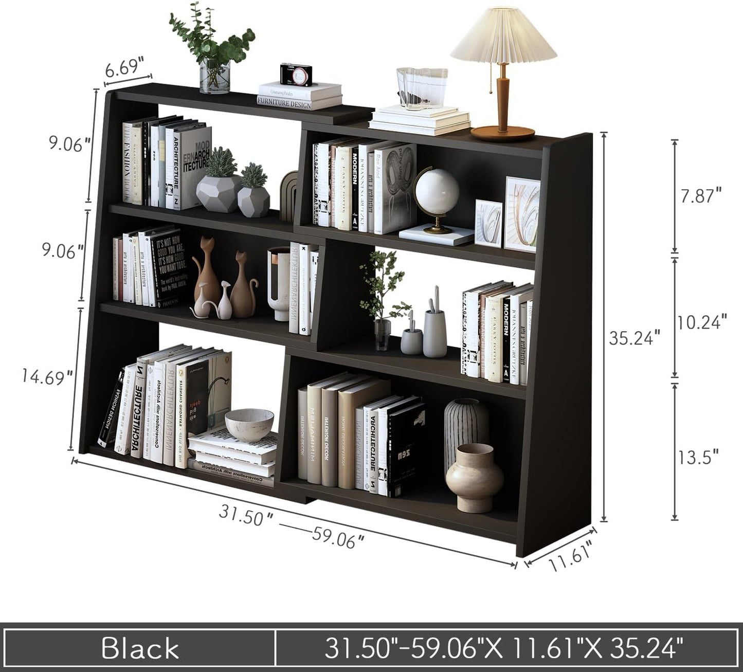 IOTXY Wooden Extendable Shelf Bookcase - 3-Tier Ladder Low Short Bookshelf for Small Space or Corner, Black, L
