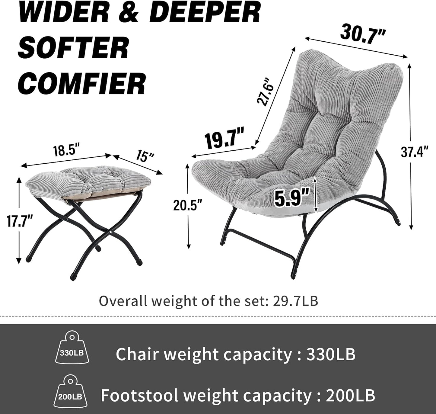 Welnow Accent Chair with Ottoman, Lounge Comfy Soft Leisure Metal Frame Reading Chair with Footrest, Upholstered Thick Cushion Seated Recliner Sofa for Living Room, Bedroom, Dorm, Light Grey