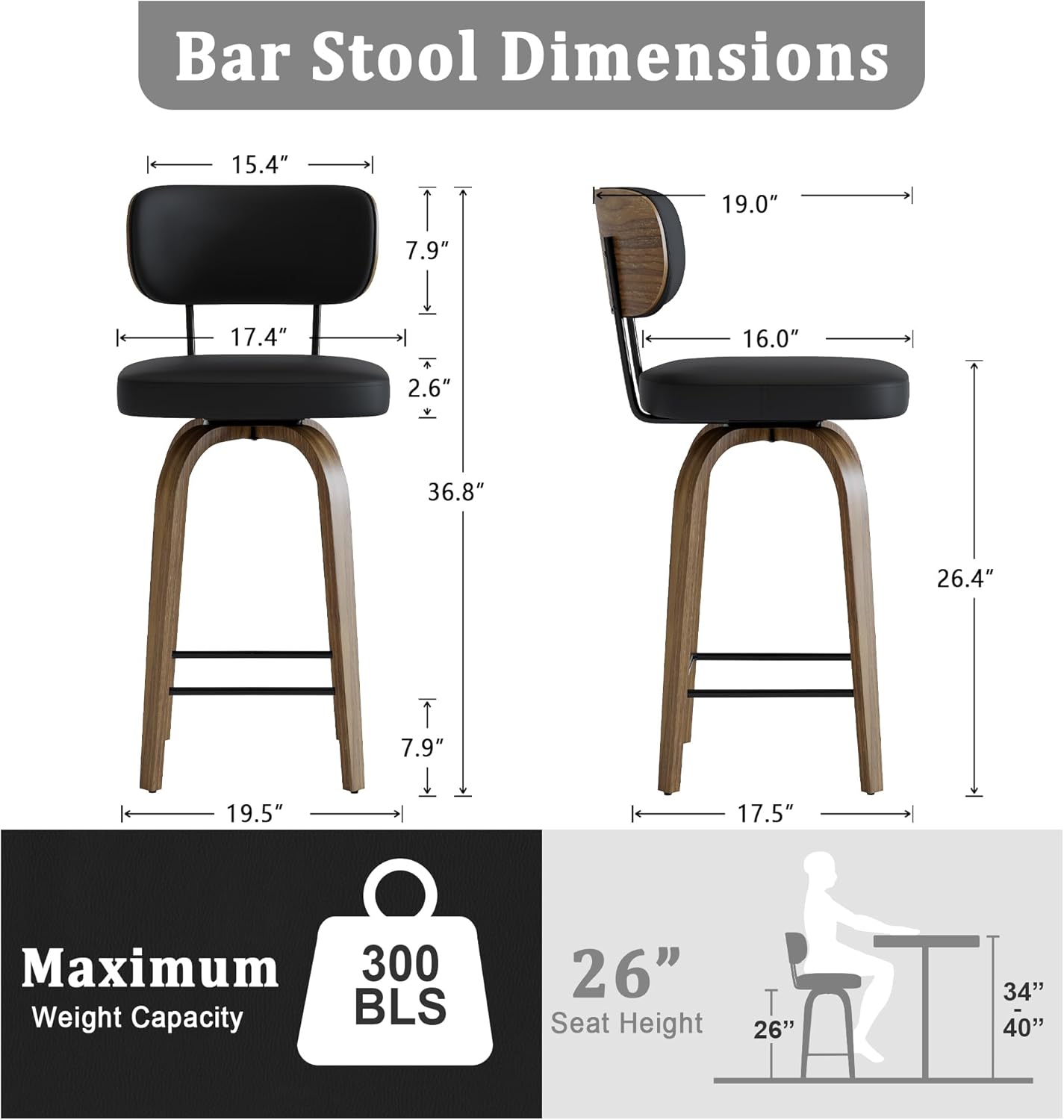 Swivel Counter Height Bar Stools with Back Set of 2, 26" Faux Leather Kitchen Bar Stools with Wood Legs and Metal Footrest for Kitchen Island (Black PU)