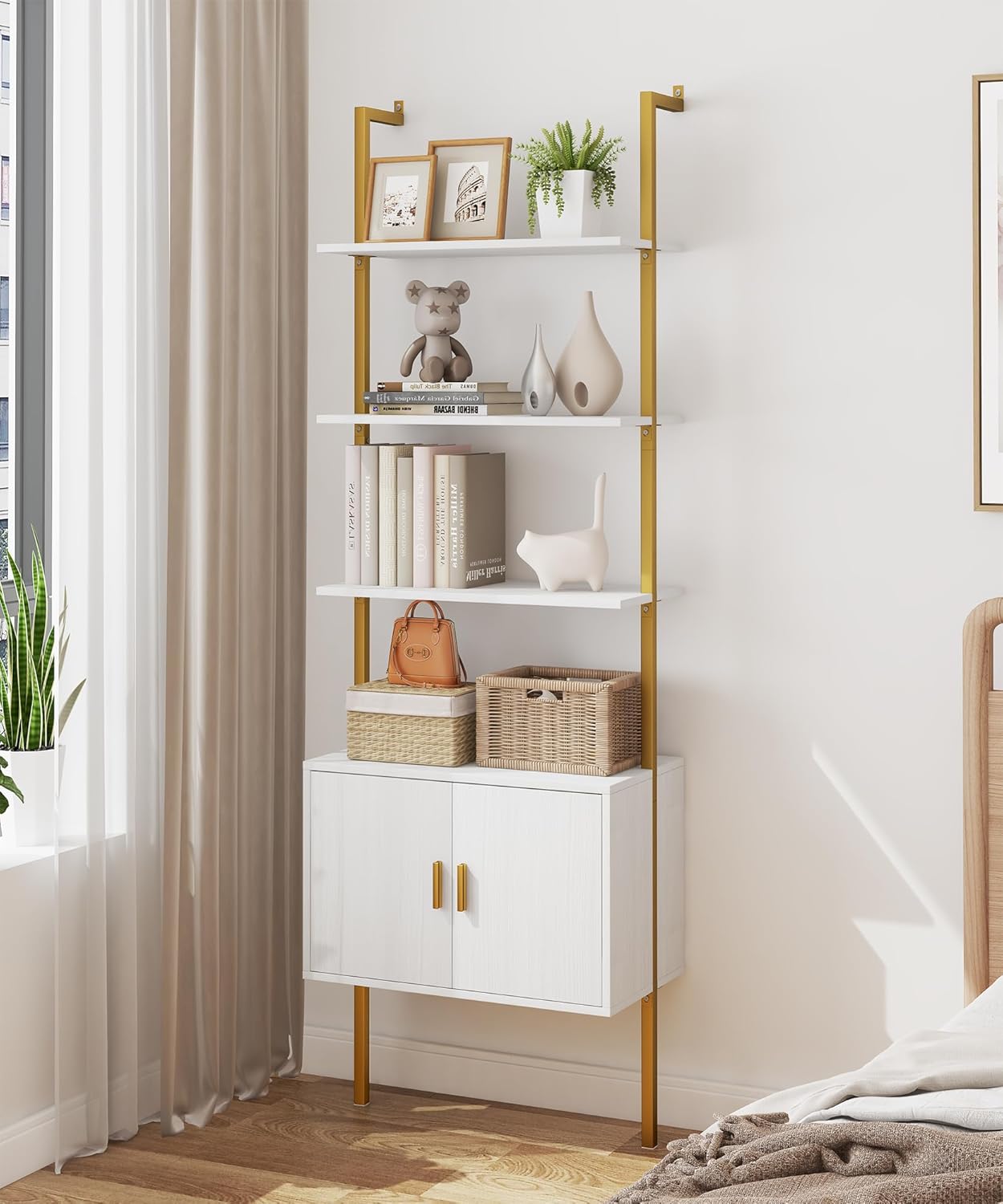 Yusong 73" Tall Bookshelf with Cabinet, Industrial Ladder Wall Mount Shelf Bookcase with Wood and Metal Frame, Plant Shelf Wall Storage Display for Living Room Bedroom, White Gold