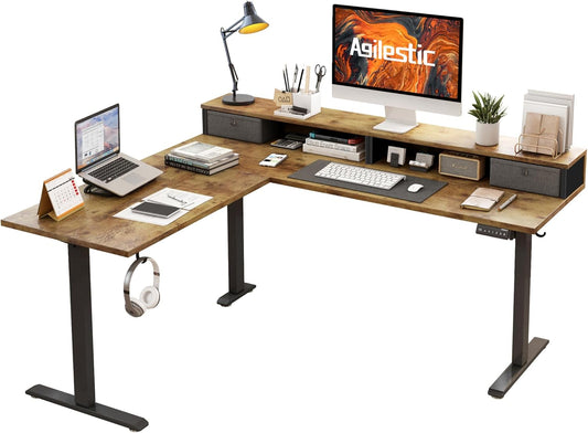 Agilestic L Shaped Electric Standing Desk with 2 Drawers, 63 Inch Ergonomic Adjustable Height Desk with Storage, Corner Desk Sit Stand up Computer Table for Work Office Home, Rustic Brown