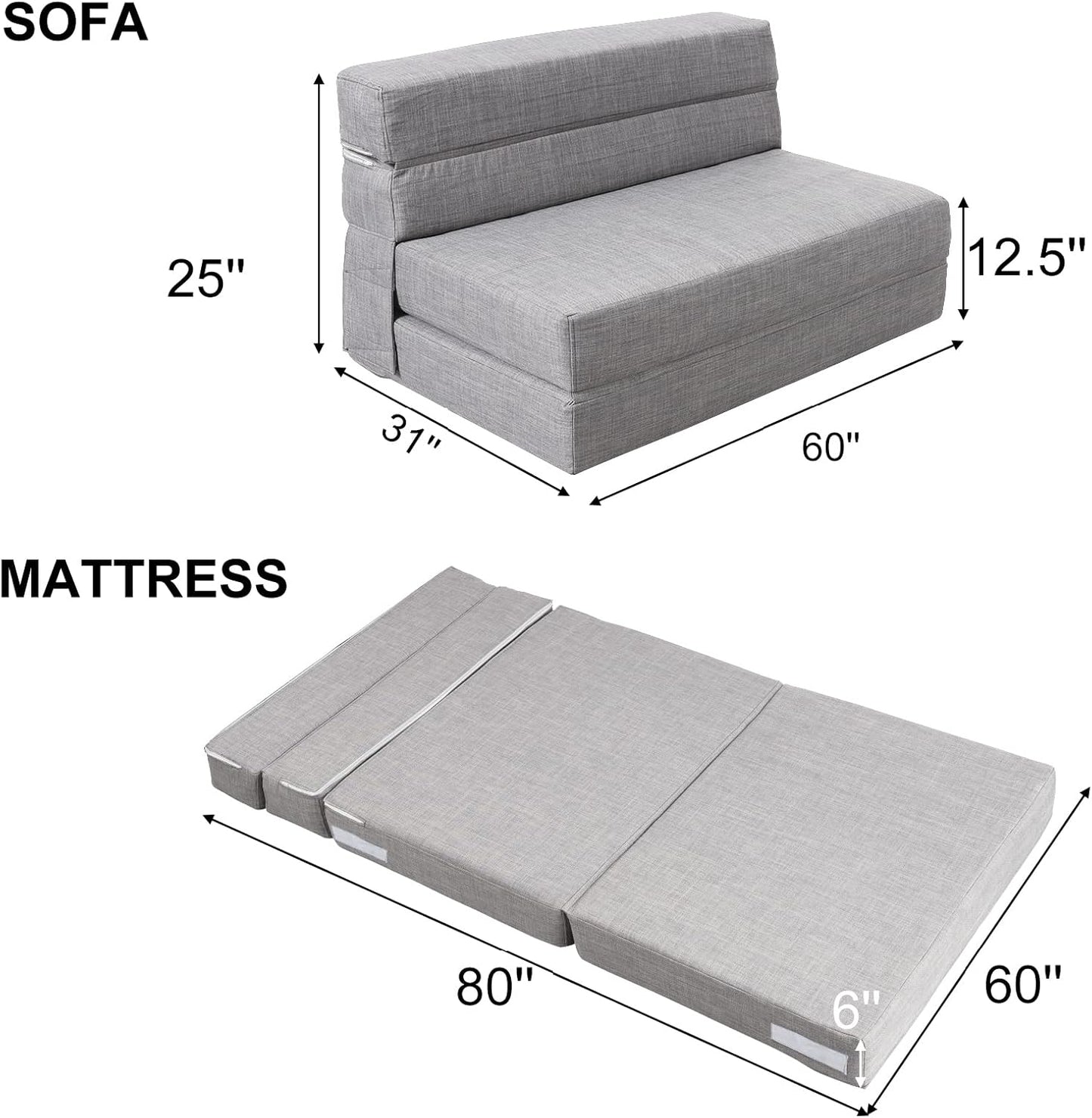 ANONER 60" Folding Sleeper Chair Sofa Bed Lazy Couch with 2 Pillows, Queen Size Memory Foam Washable Cover, Light Gray