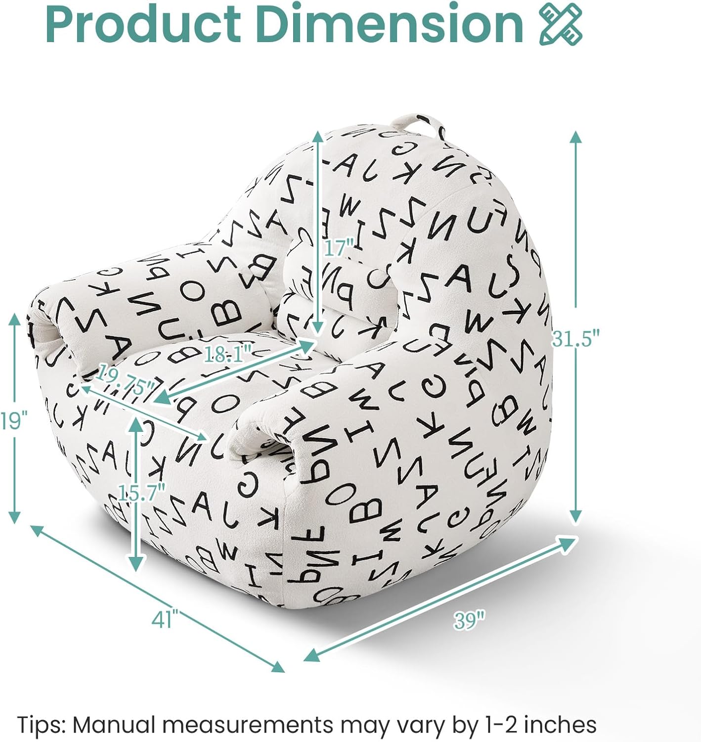 DAICO Bean Bag Chairs for Adults Comfy Bean Bag Sofa Chair with Armrests Single Lazy Floor Sofas Accent Chair with Foam for Living Room Bedroom Reading Gaming Office (Letter White)