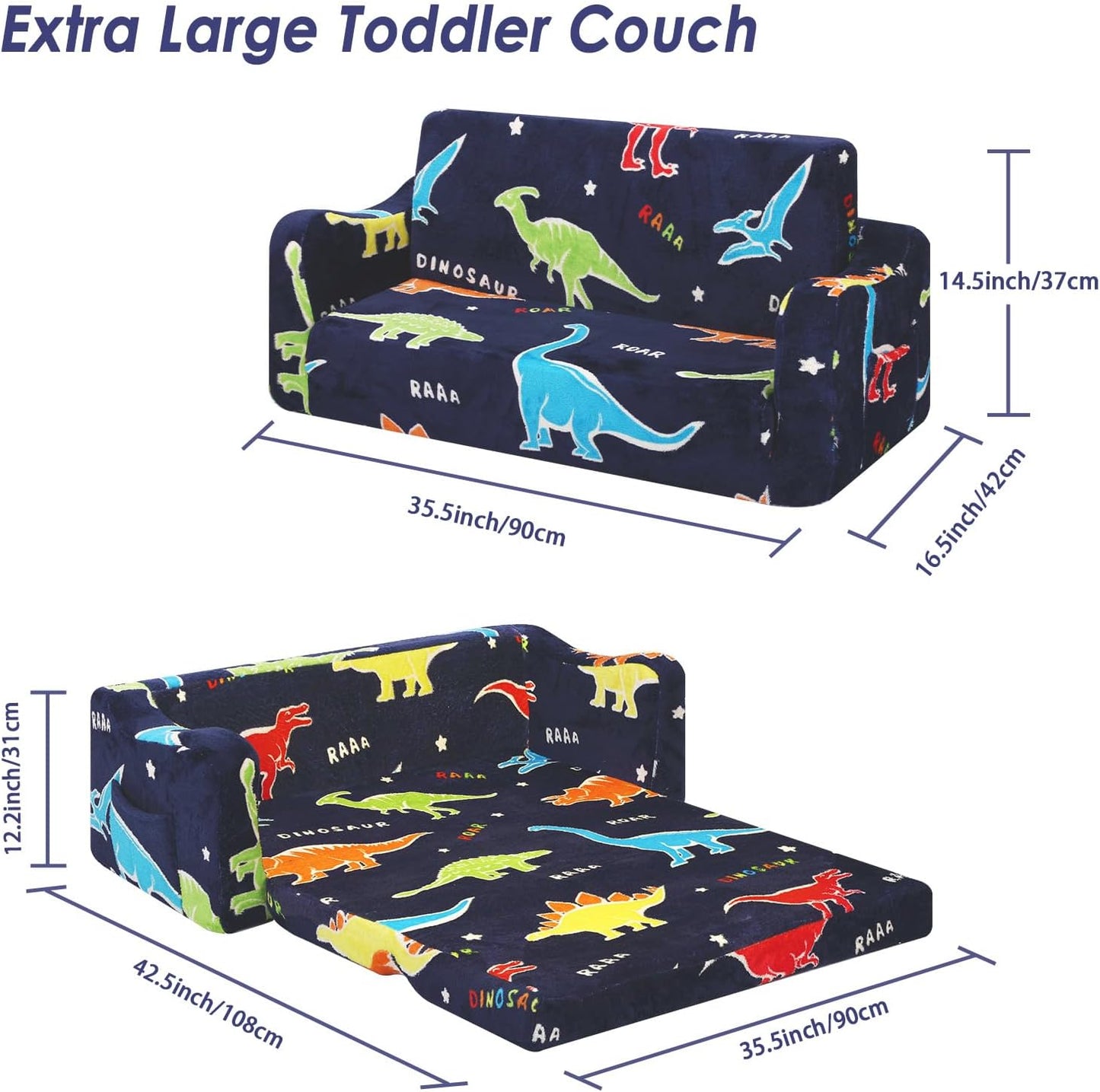 Kids Couch Extra Large,Glow in The Dark 2-in-1 Folding Kids Sofa Bed for Boys,2 Seats Convertible Sleeper Lounger Toddler Couch for Children Bedroom Playroom Nursery,Dinosaur