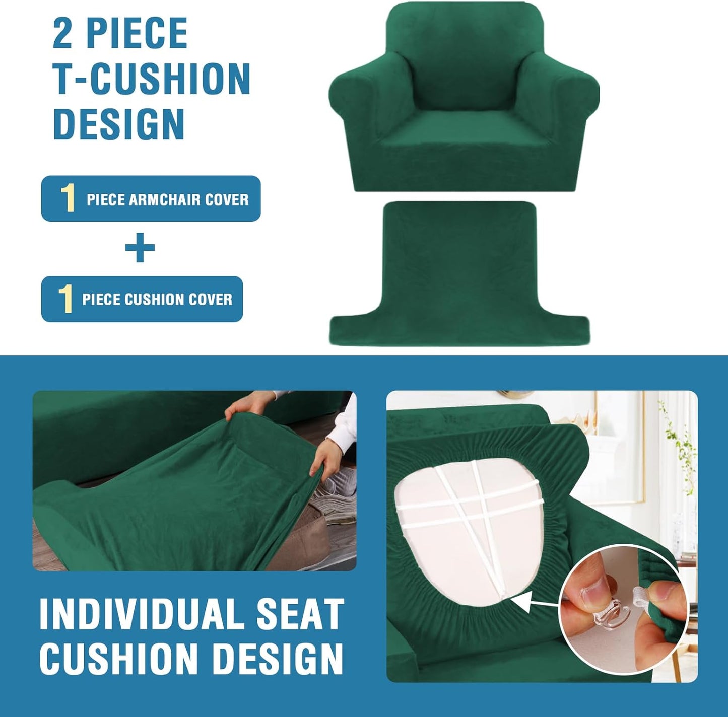 H.VERSAILTEX Sofa Cover 2 Piece T Cushion Armchair Slipcovers Thick Velvet Couch Cover Stretch T Cushion Sofa Covers for 1 Cushion Couch with 1 Individual T Cushion Covers, Vintage Green