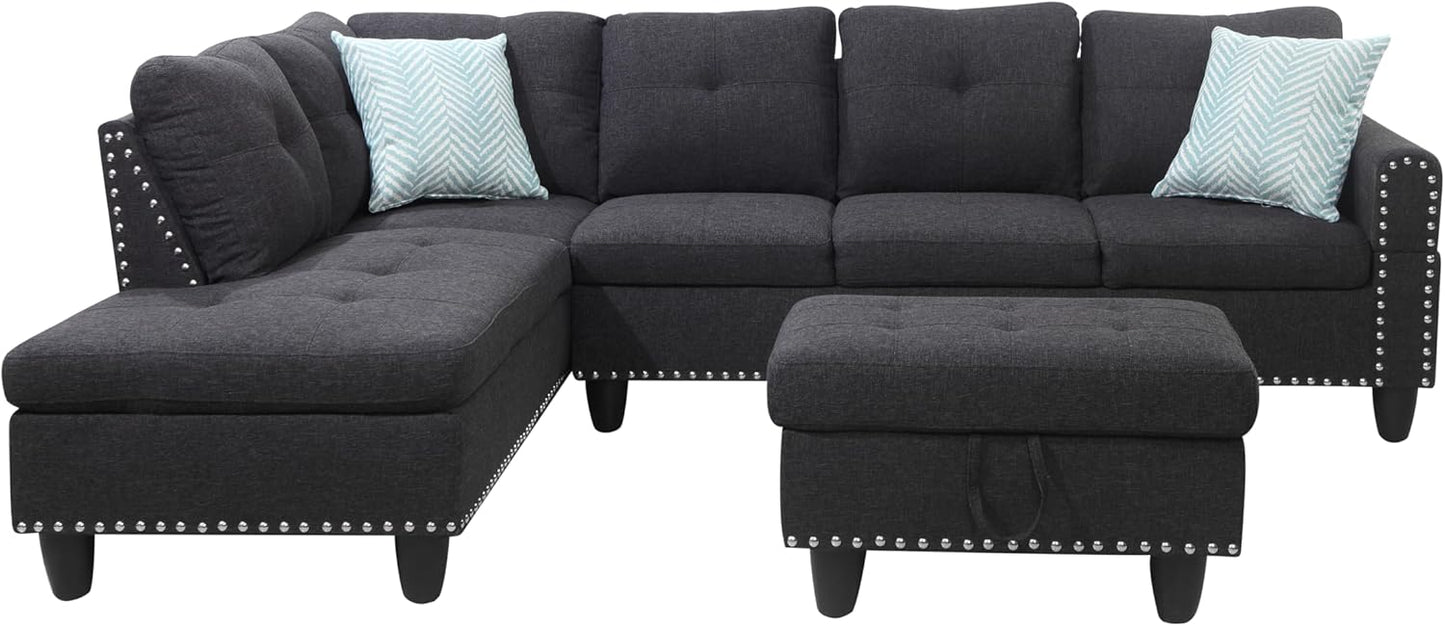 Ball & Cast 98" L Shaped Sectional Couch for Living Room with Chaise & Storage Ottoman,4 Seat Linen Upholstered Modular Sectional Sofa Set 3 PCS W/Cup Holders & Coffee Table,for Home,Office,Charcoal