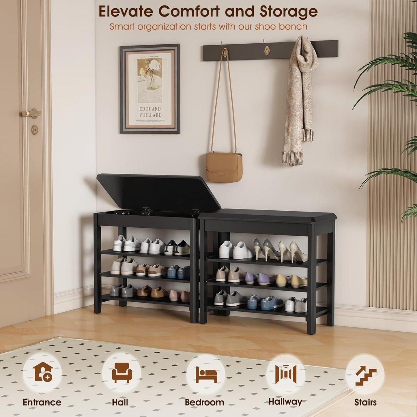 Shoe Rack Bench Seat Rubberwood 3-Tier Wooden Storage Bench 550lbs Compact Mid-Century Modern Design for Entryway, Hallway, Closet, Front Door Entrance, Foyer