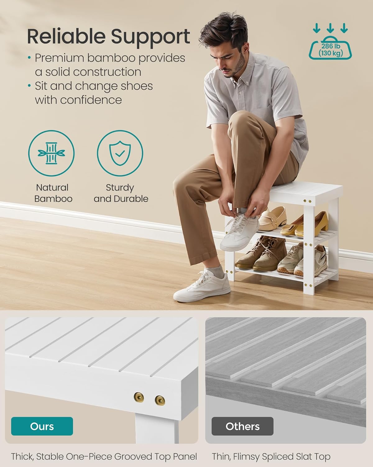 SONGMICS Shoe Rack Bench, 3-Tier Bamboo Shoe Storage Organizer, Entryway Bench, Holds Up to 286 lb, 11.3 x 19.7 x 17.8 Inches, for Entryway Bathroom Bedroom, Cloud White ULBS001W01