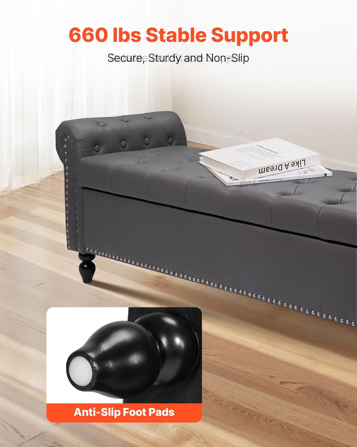 VEVOR Button-Tufted Storage Ottoman Bench, Rolled Arm PU Leather Bench with Solid Wood Legs, Modern Shoe Benches Seat for Entryway, Upholstered End of Bed Benches for Living Room, Dining Room, Gray