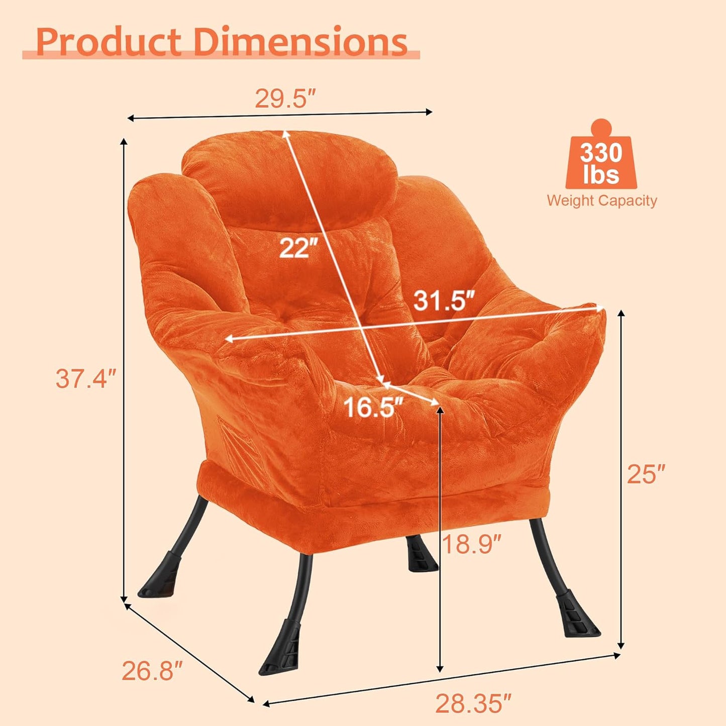 Fabric Lazy Chair for Adults, Oversized Upholstered Sofa Chair, Plush Comfy Lounge Chair with Large Side Storage Pocket, Thick Padded Reading Chair for Living Room, Bedroom, Office, Orange