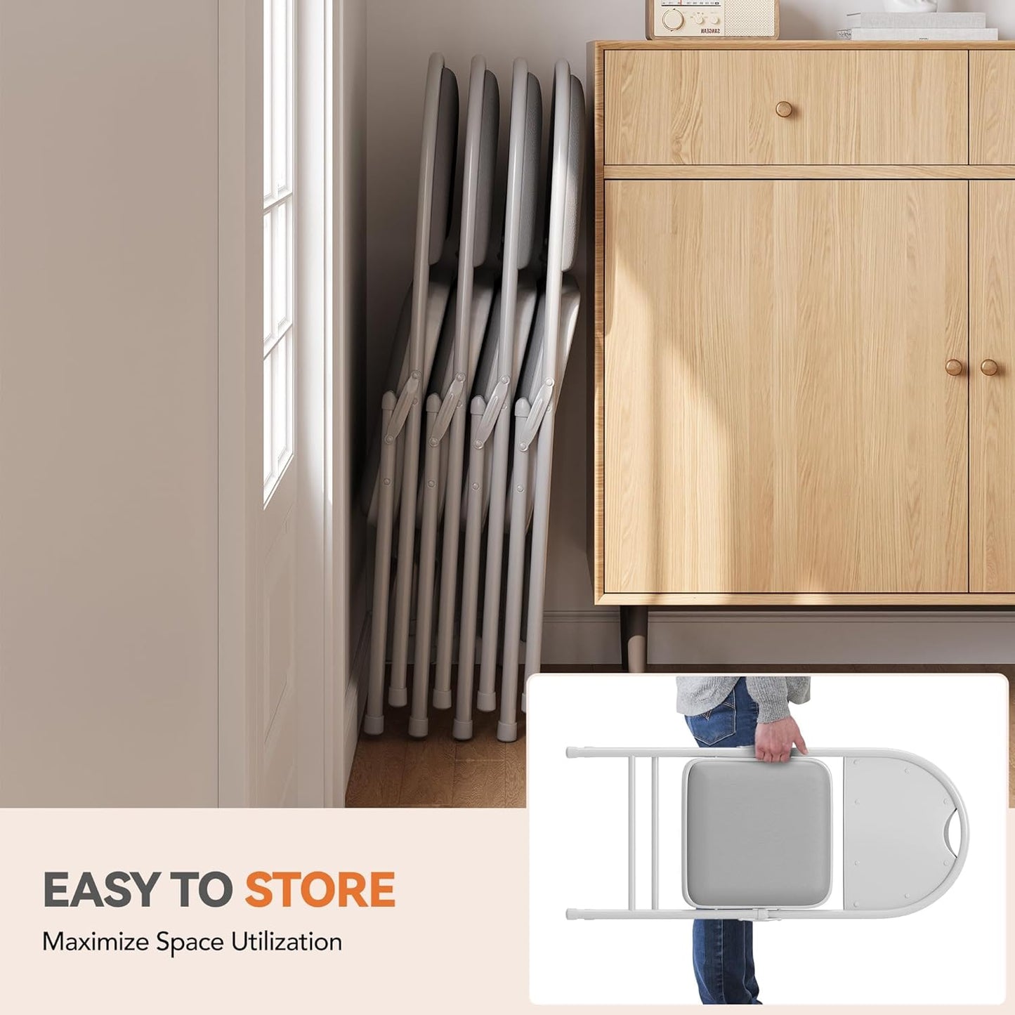 GarveeHome 4 Pack Folding Chairs with PU Leather Padded Cushion and Back, Metal Foldable Chair for Indoor Outdoor, Commercial Stackable Guest Chairs for Camping, Dining Room, Office, Party, Grey