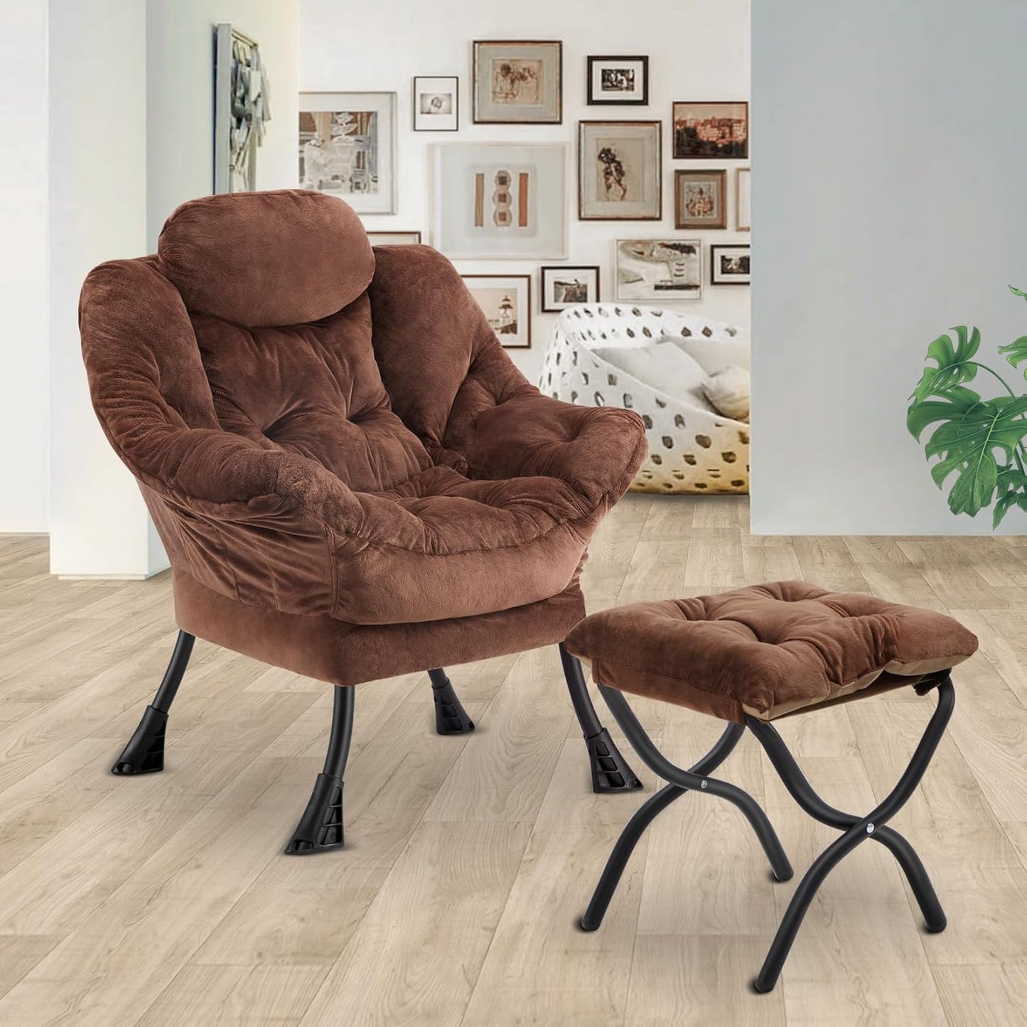 Lazy Chair with Folding Ottoman,Leisure Sofa Chair,Soft Fabric Armchair with Armrests and Side Pockets, Reading Chair with Footrest for Living Room, Bedroom, Office (Plush Dark Brown)