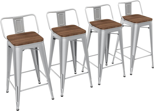 Yongchuang 30 inch Bar Stools Set of 4 Bar Height Metal Barstools with Wood Seat Low Back Kitchen Bar Chairs Silver