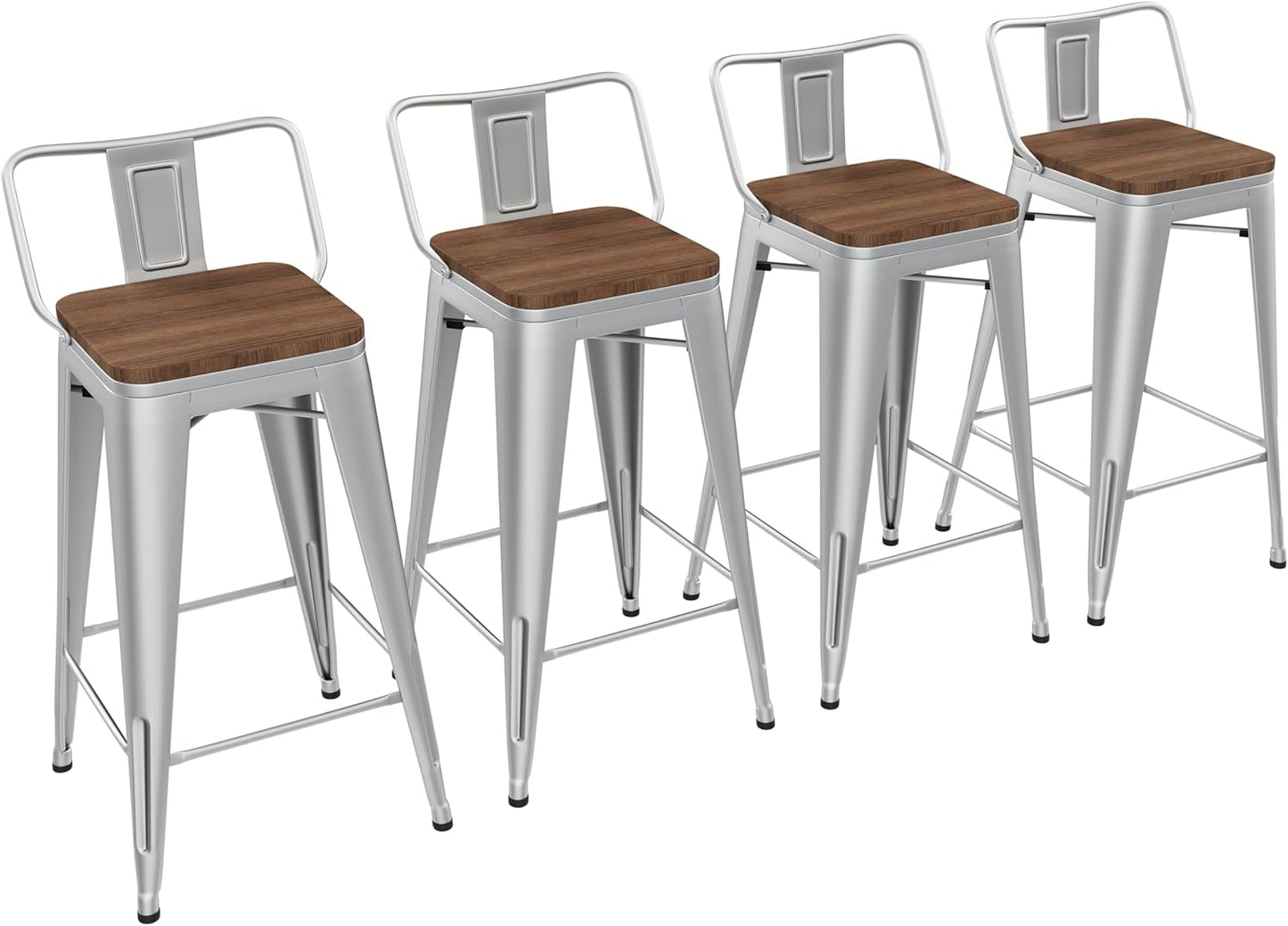 Yongchuang 26" Metal Barstools Set of 4 Low Back Bar Stool Counter Height Bar Stools with Wooden Top Silver