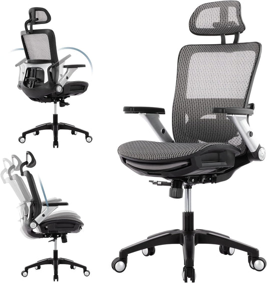 COLAMY Ergonomic Mesh Office Chair with Footrest, High Back Computer Executive Desk Chair with Headrest and 4D Flip-up Armrests, Adjustable Tilt Lock and Lumbar Support-Grey