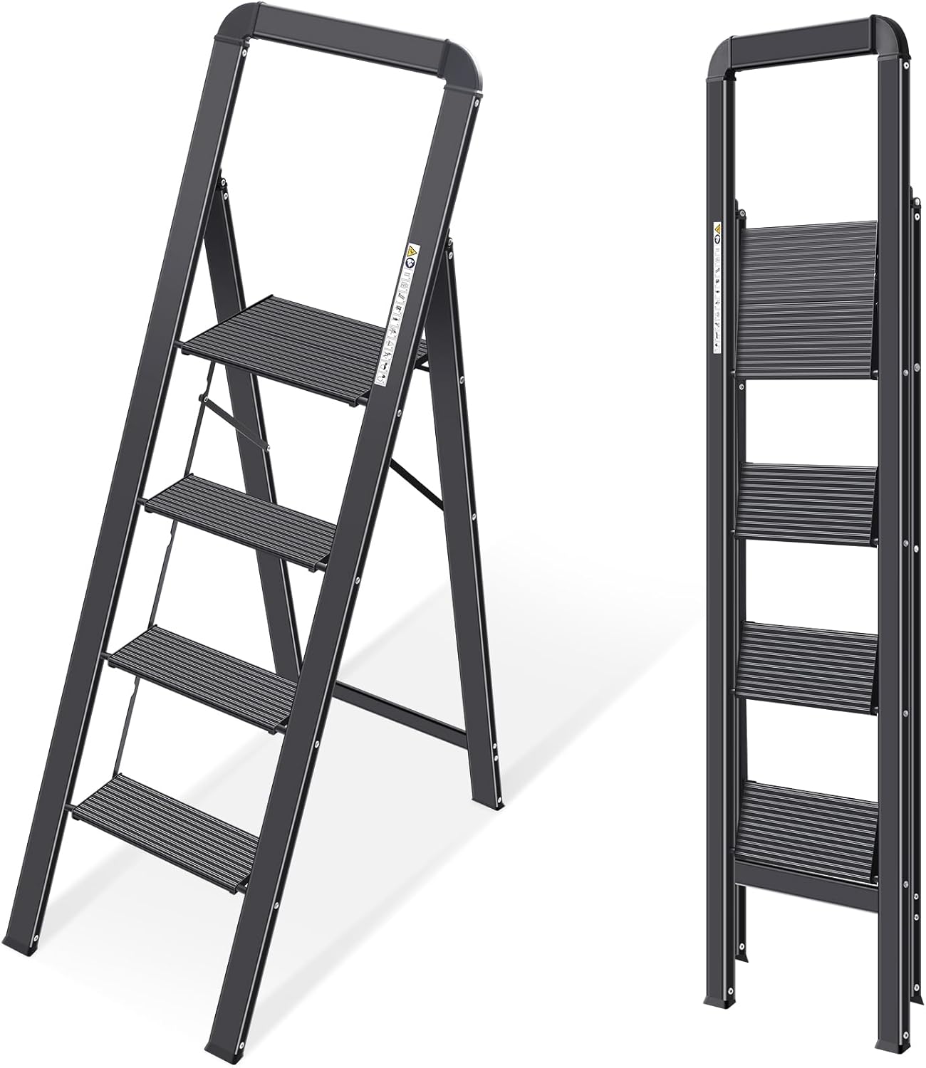 KINGRACK Aluminium 4 Step Ladder, Lightweight Step Stool with Non-Slip Pedals, Handrail, Foldable Step Ladder for Kitchen, Garage, Home, Space Saving, Sturdy and Portable, Black