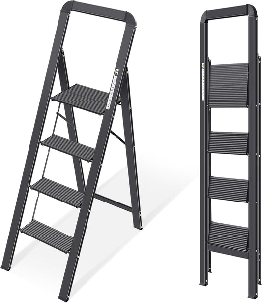 KINGRACK Aluminium 4 Step Ladder, Lightweight Step Stool with Non-Slip Pedals, Handrail, Foldable Step Ladder for Kitchen, Garage, Home, Space Saving, Sturdy and Portable, Black