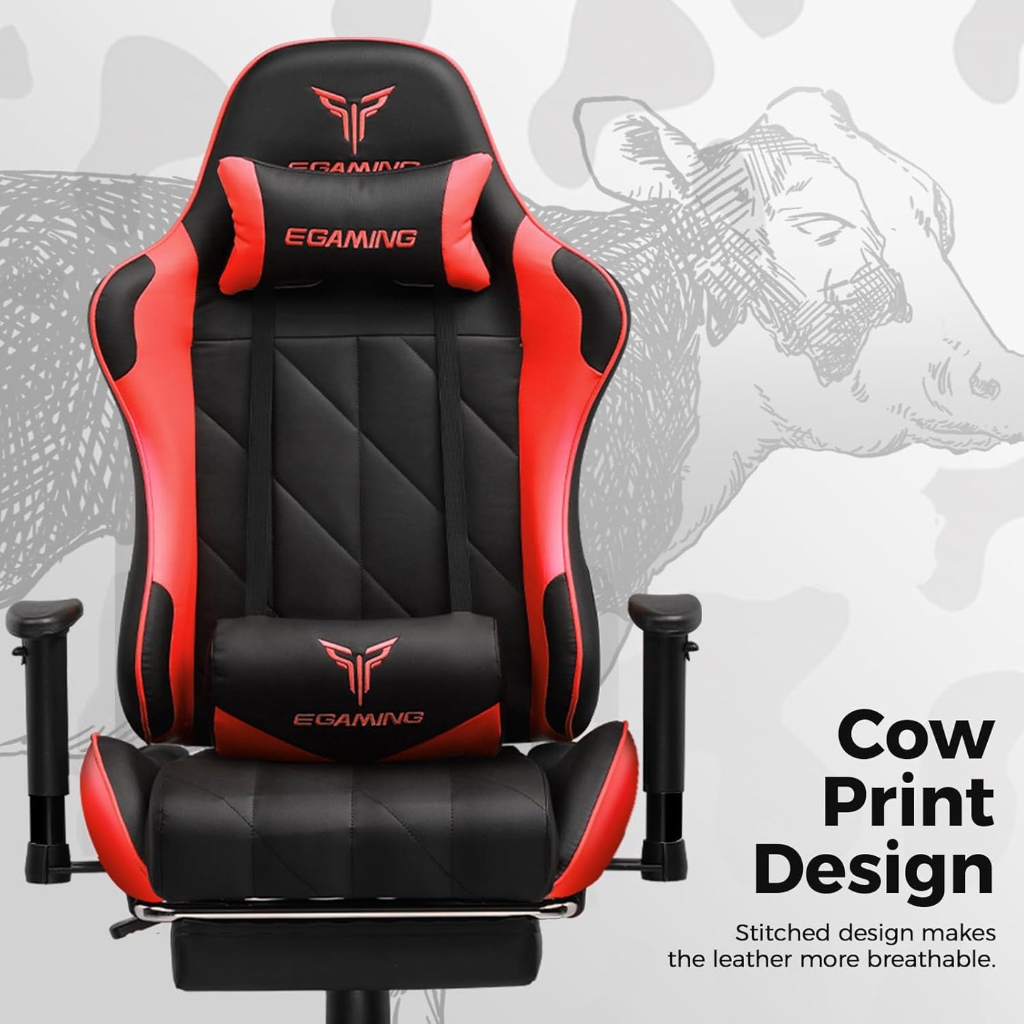 Gaming Chair with 3D Adjustable Armrests, Cow Print Design, Ergonomic Office Chair with High Back, Computer Chair with Footrest,Comfy Diamond Stitching Sest, Game Chair for Adults