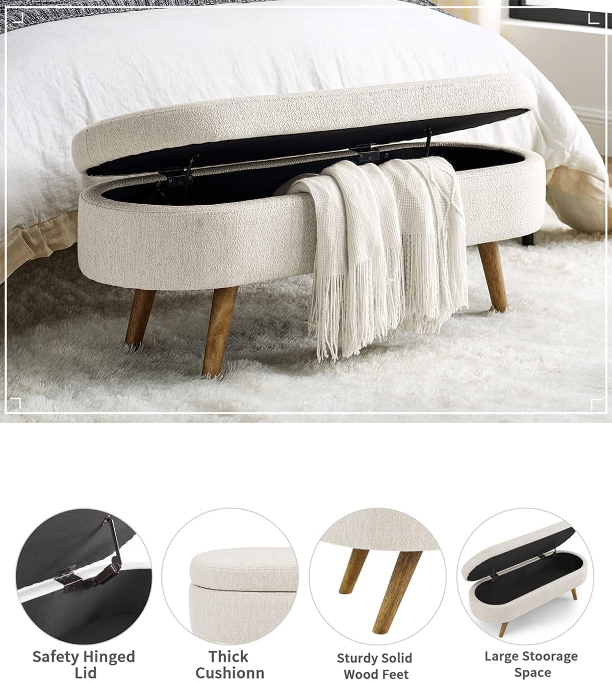 Oval Storage Bench 43.5" Linen Fabric Upholstered Entryway Bench with Solid Wood Legs Ottoman Bench Indoor Bench for Living Room/Bedroom/End of Bed/Entryway (Beige)