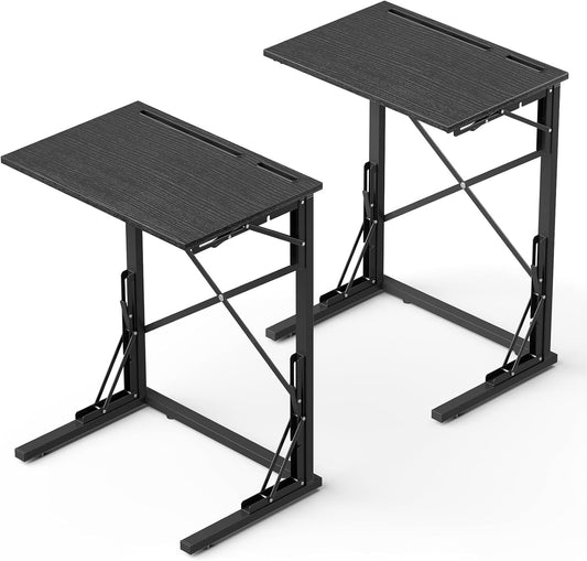 21''Wx28''H Folding TV Tray Set of 2, Small Foldable C-Shaped Tray Table for Eating with Tablet and Phone Slots, Slide Under Couch Side Table for Recliner, Living Room, Bedroom, Black