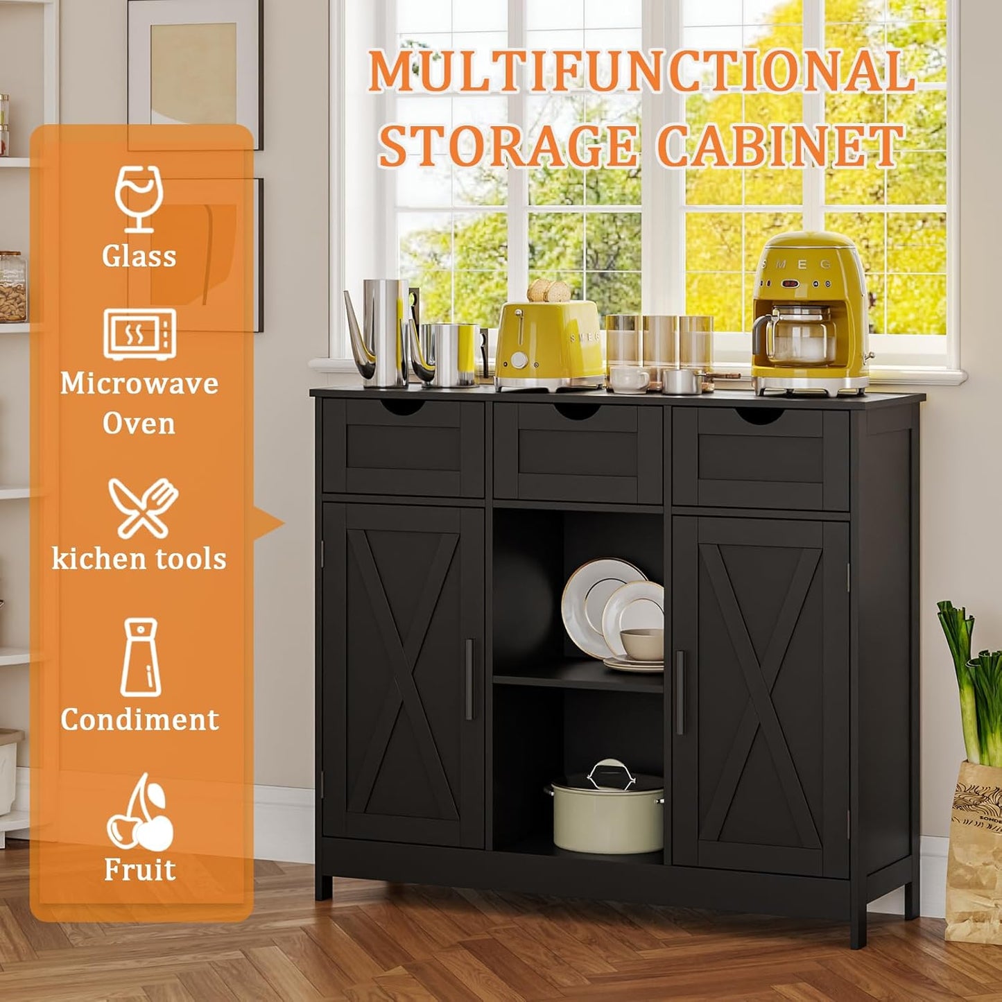 Storage Cabinet, Coffee Bar Cabinet with 2 Adjustable Shelves, 3 Drawers, and 2 Doors, for Bathroom, Kitchen, Living Room (Black)