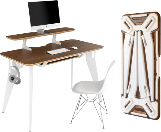 HOEK Dorm Room Desk Bundle, 47.5" x 23", Folding Student Study Desk with SNAP Assembly, Monitor Shelf, Under Shelf, Side Hook and Wall Cleat, Compact Space-Saving Table for School (Walnut/White)