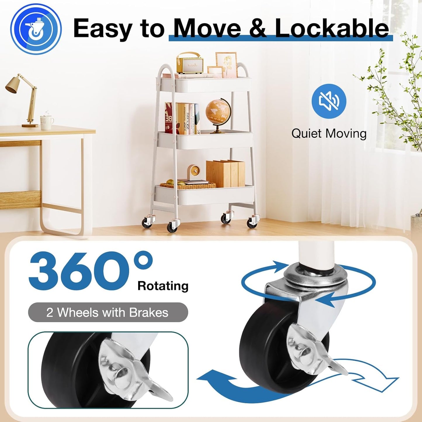 OLIXIS 3 Tier Utility Rolling Cart, Metal Mobile Storage Shelf with Lockable Caster Wheels, Organization for Livingroom, Bathroom, Kitchen, & Narrow Places, White