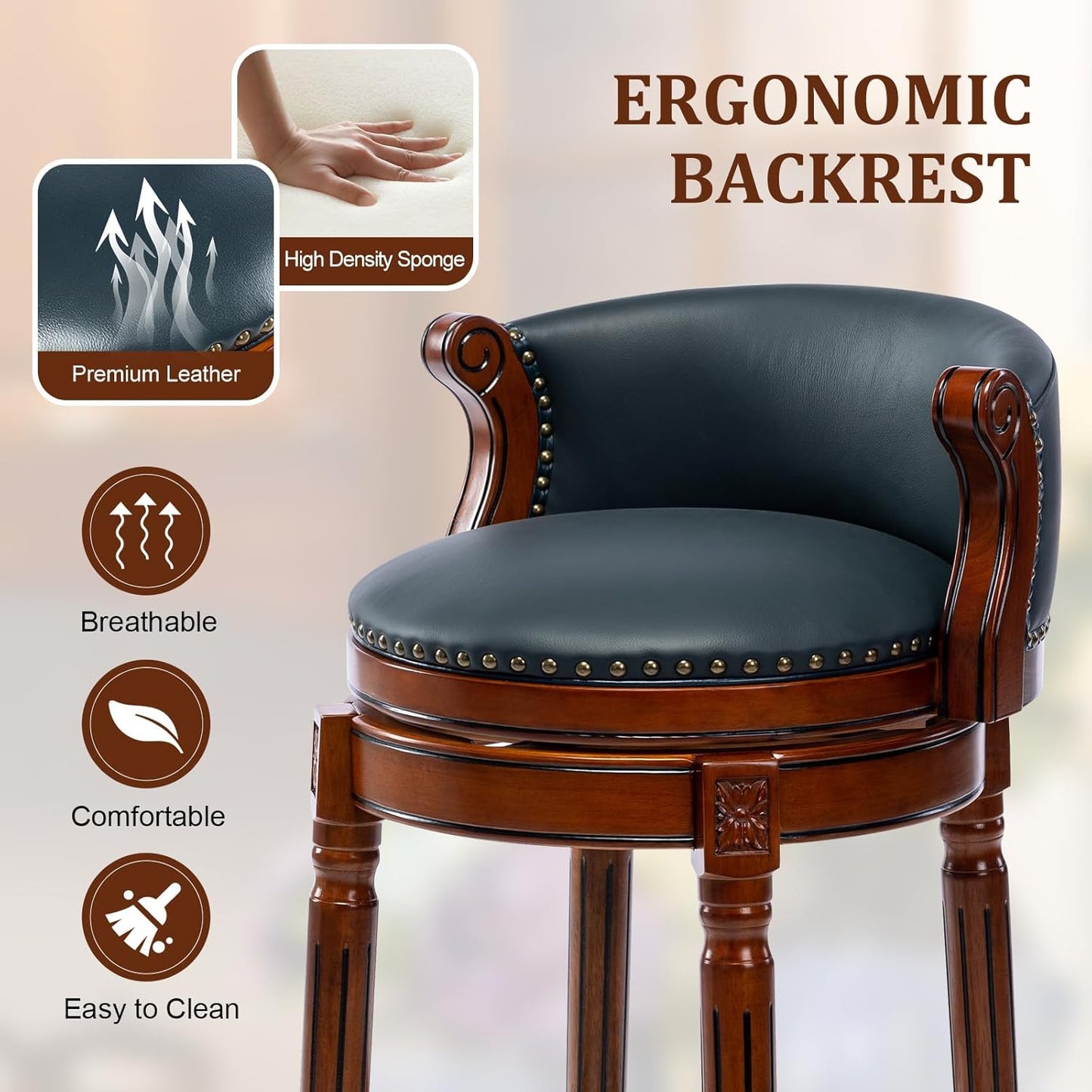 CozyRain Bar Stools Rubber Wood Counter Height Bar Stool Leather Upholstered Swivel Barstools with Back & Footrest for Home,Kitchen,Counter,Dining Room (Navy Blue, Seat Height 26 in)