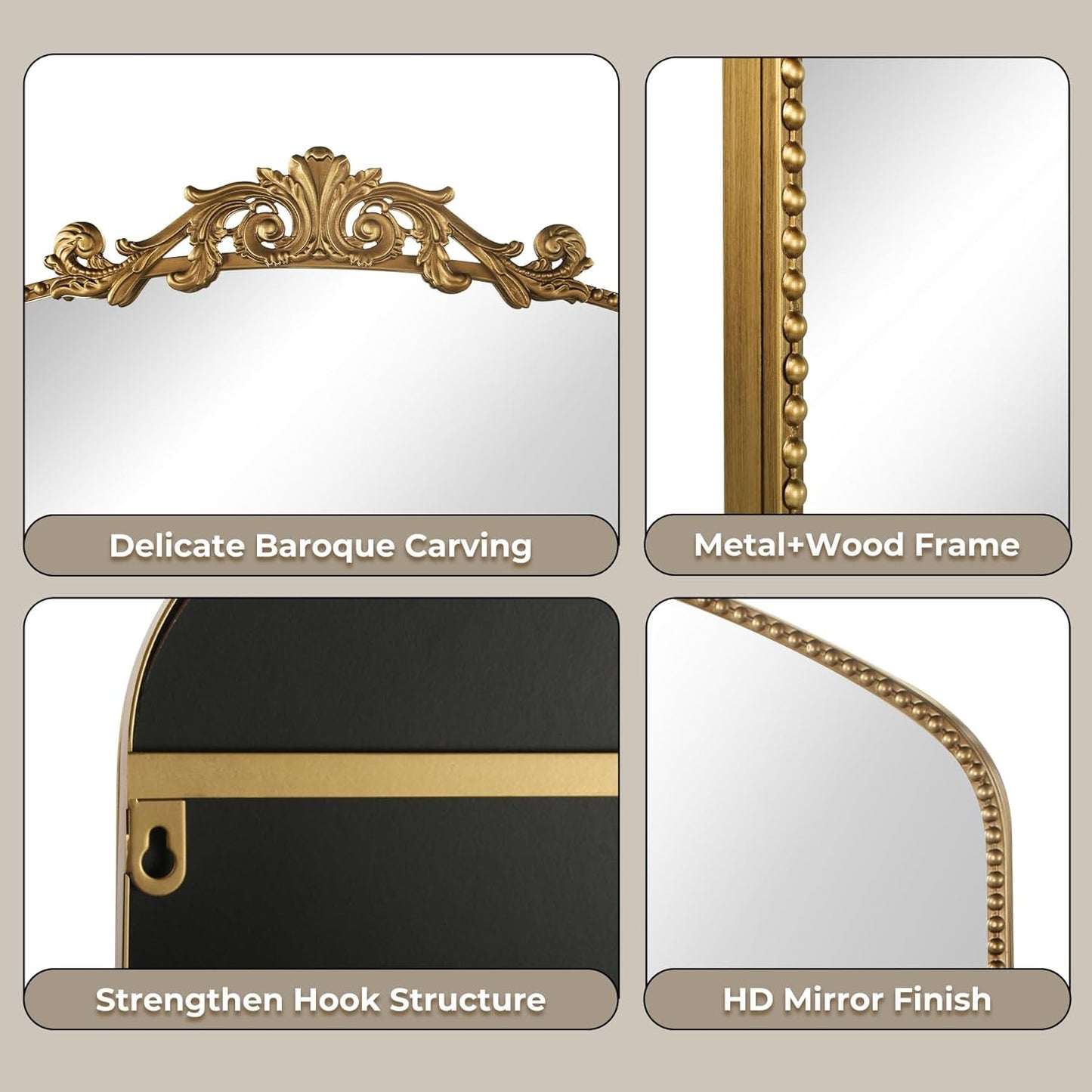 Large Ornate Gold Antique Mirror 40” x 30”, Vintage Wall Mirror with Gold Beaded Arch Frame, Dresser Mirror for Dining Room,Living Room, Sofa Wall, or Hallway Decor