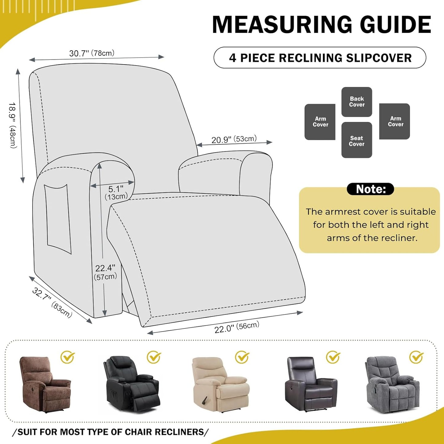 vctops 4 Pieces Geometric Jacquard Plush Recliner Slipcovers Soft Fuzzy Fluffy Sofa Couch Cover Anti-Slip Furniture Protector with Elastic Bottom for Kids Cats Dogs(Yellow,1 Seat)