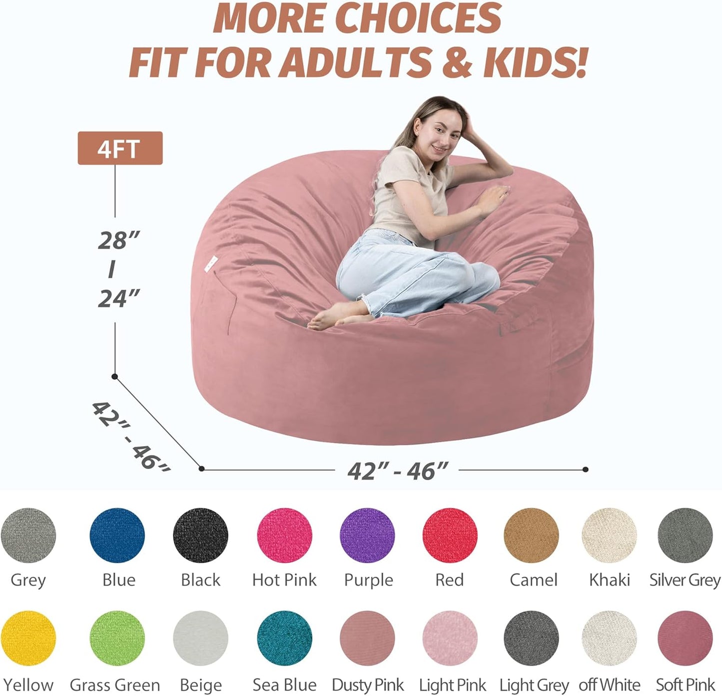 4FT Bean Bag Chair with Ultra Soft Velvet Cover Bean Bag Sofa with Memory Foam Bean Bag Chairs with Large Size Lazy Sofa for Dorm Office Living Room Bedroom Dusty Pink 4'