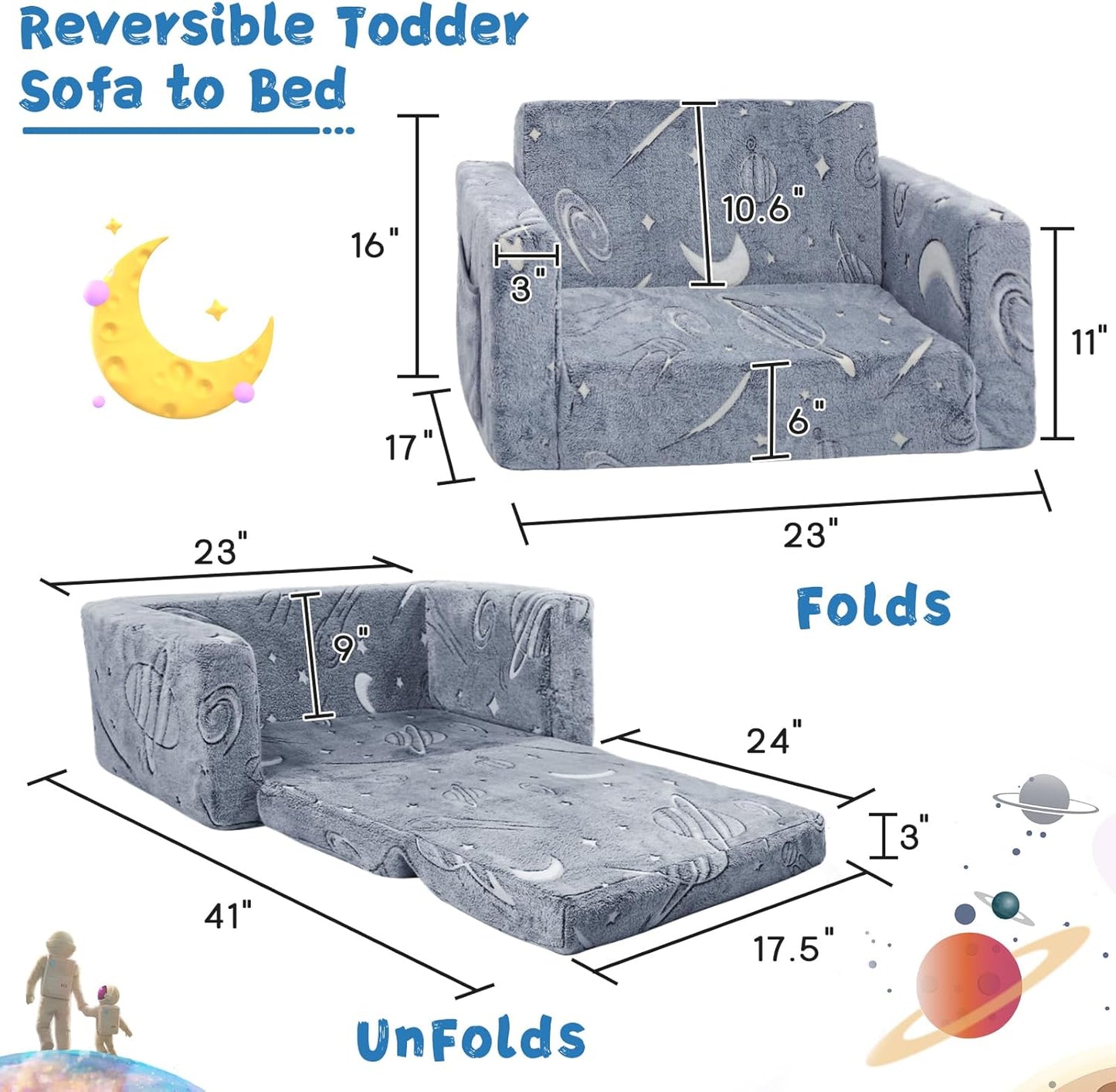 Toddler Chair Comfy,2-in-1 Soft Toddler Couch Fold Out for Kids,Convertible Sofa to Lounger,Gift for Girls and Boys Birthday,Space,Medium