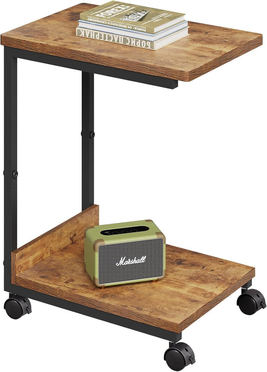 Side Table,C Table with 2-Tier Storage Shelf, End Table TV Tray with Metal Frame, Sofa Table with Wheels for Living Room, Bedroom, Office, Bathroom, Easy Assembly, Brown