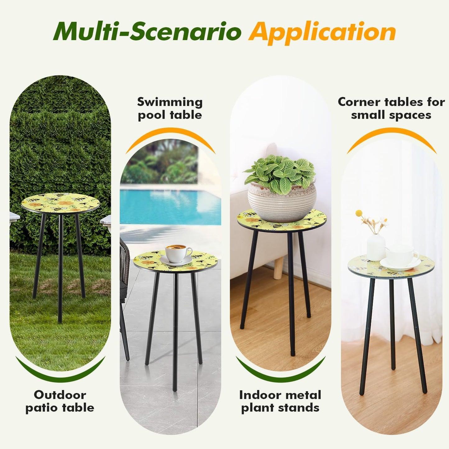 2 Packs Metal Mosaic Round Side Table 13.2" Small Outdoor Patio Round Accent Coffee Tables Indoor Corner Stand for Small Spaces Weather-Resistant for Balcony Plant Stand, Yellow Bee