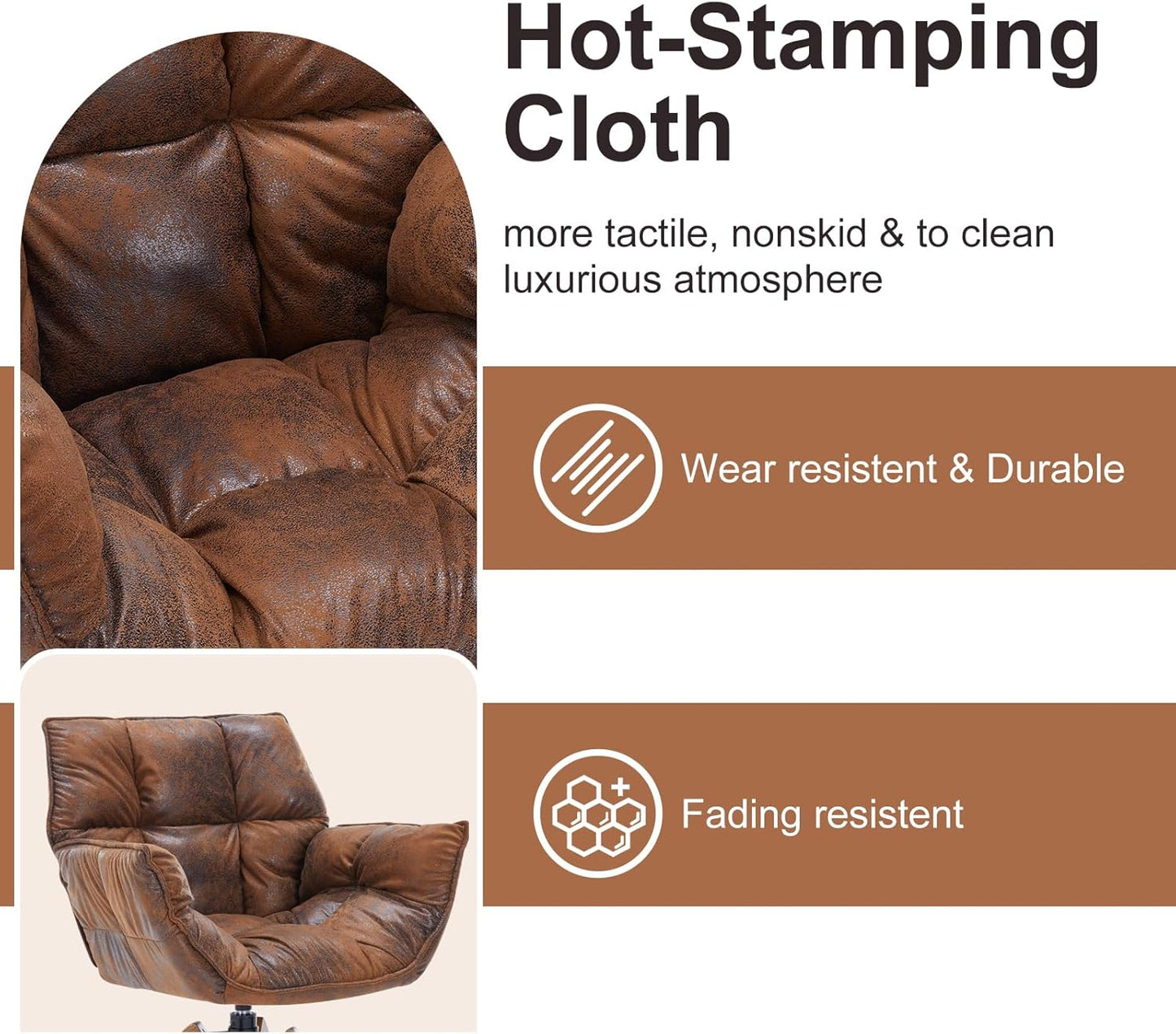 Mid Century Accent Chair, Hot Stamping Cloth Desk Chair no Wheel, Modern Cozy Vanity Chair Advanced & Wear-Resistant with Amrest, Wood Legs for Living Room, Reading Room, Bedroom, Brown