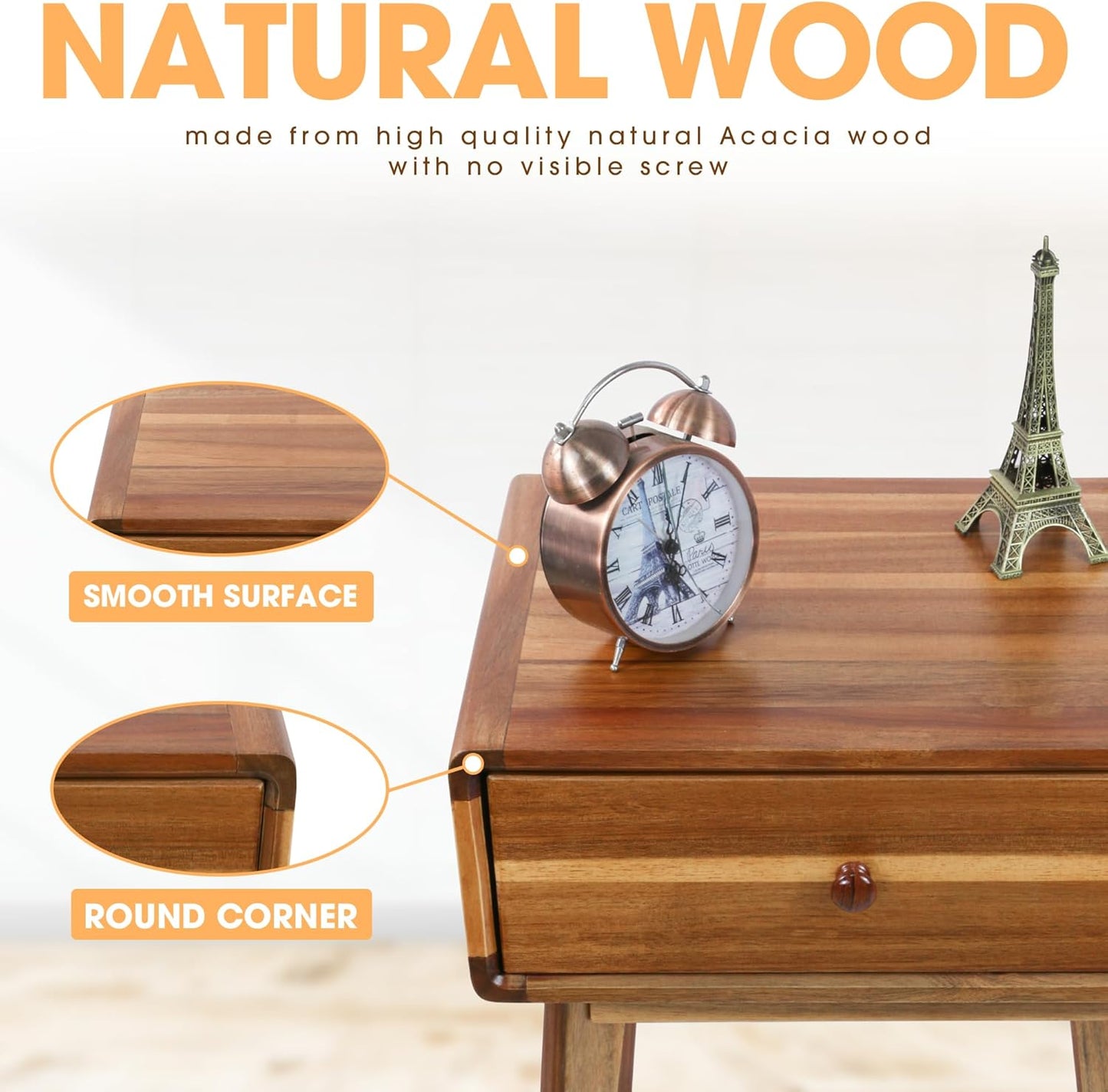 ENKEZI Small Mid Century Acacia Night Stand with Drawer Dresser, Handcrafted Small Nightstand, Space-Saving Bedroom Side Tables with Acrylic Coating, No Visible Nails